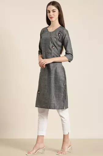 women's knee length round neck grey solid straight kurta