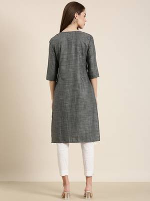 women's knee length round neck grey solid straight kurta 5