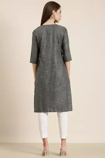 women's knee length round neck grey solid straight kurta