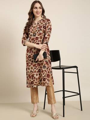 women's calf length round neck maroon floral straight kurta 1