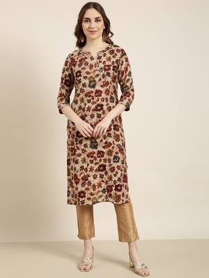 women's calf length round neck maroon floral straight kurta 2