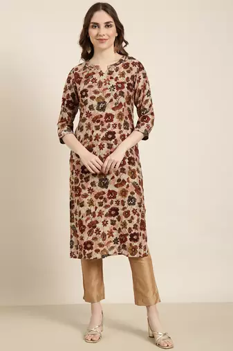 women's calf length round neck maroon floral straight kurta