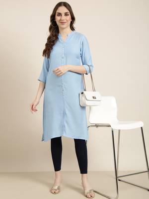 women's knee length mandarin collar blue solid straight kurta 1
