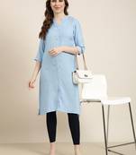 women's knee length mandarin collar blue solid straight kurta
