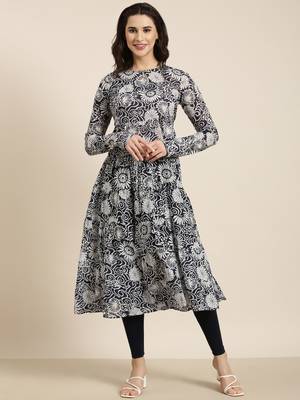 women's calf length round neck navy blue floral anarkali kurta 2