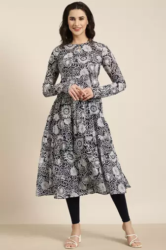 women's calf length round neck navy blue floral anarkali kurta