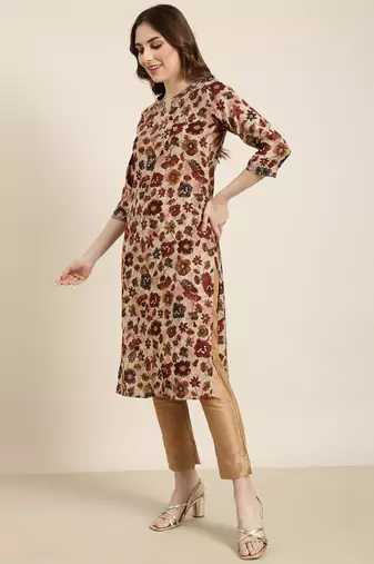 women's calf length round neck maroon floral straight kurta