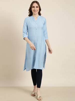 women's knee length mandarin collar blue solid straight kurta 2