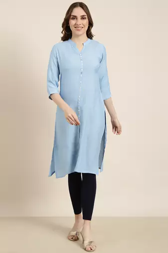 women's knee length mandarin collar blue solid straight kurta
