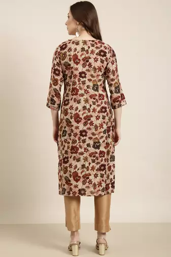 women's calf length round neck maroon floral straight kurta
