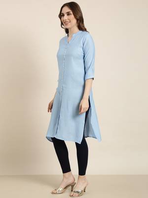 women's knee length mandarin collar blue solid straight kurta 3