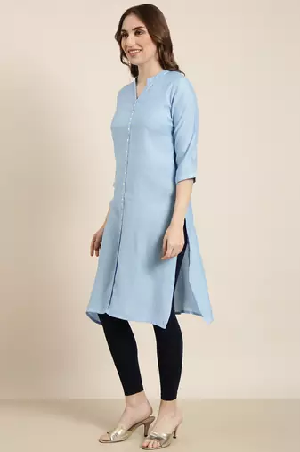 women's knee length mandarin collar blue solid straight kurta