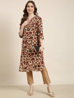 women's calf length round neck maroon floral straight kurta 5