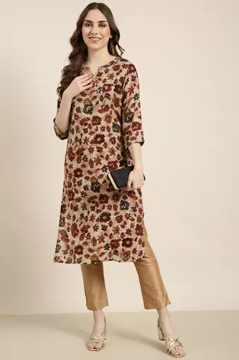 women's calf length round neck maroon floral straight kurta