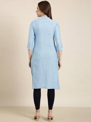 women's knee length mandarin collar blue solid straight kurta 4