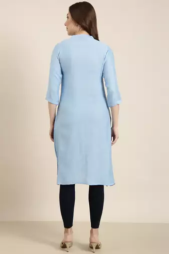 women's knee length mandarin collar blue solid straight kurta