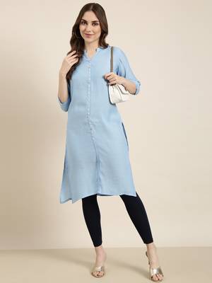 women's knee length mandarin collar blue solid straight kurta 5