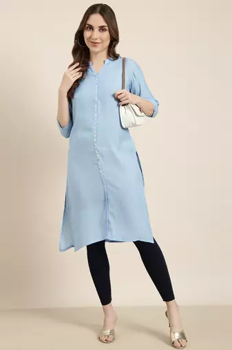 women's knee length mandarin collar blue solid straight kurta