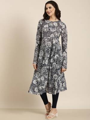 women's calf length round neck navy blue floral anarkali kurta 3