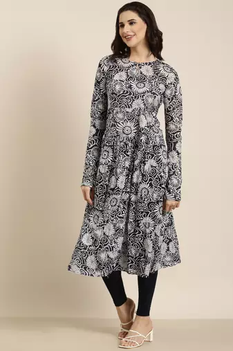 women's calf length round neck navy blue floral anarkali kurta