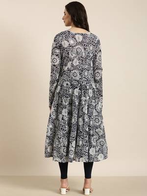 women's calf length round neck navy blue floral anarkali kurta 4