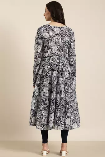 women's calf length round neck navy blue floral anarkali kurta