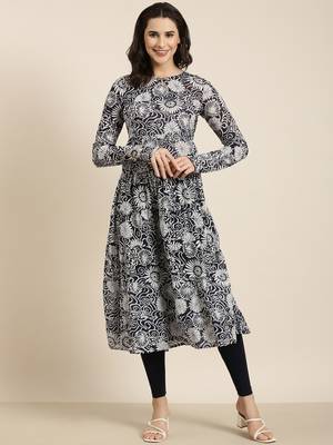 women's calf length round neck navy blue floral anarkali kurta 5
