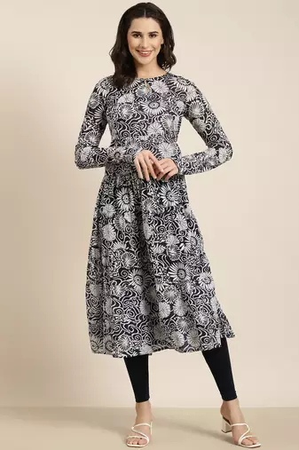 women's calf length round neck navy blue floral anarkali kurta