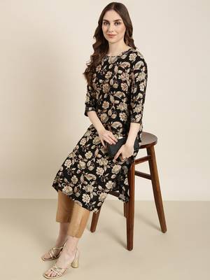 women's calf length round neck black floral straight kurta 1