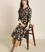 women's calf length round neck black floral straight kurta
