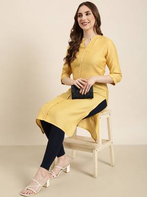 women's knee length mandarin collar mustard solid straight kurta 1