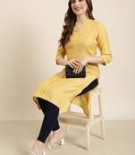 women's knee length mandarin collar mustard solid straight kurta