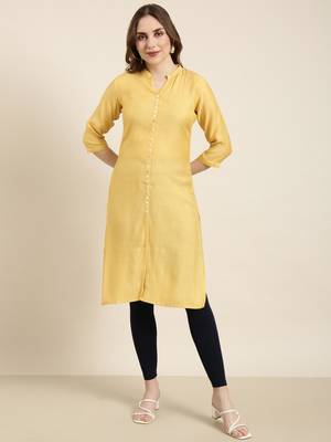 women's knee length mandarin collar mustard solid straight kurta 2