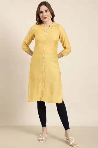 women's knee length mandarin collar mustard solid straight kurta