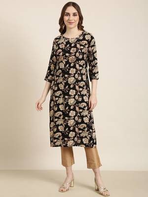 women's calf length round neck black floral straight kurta 2
