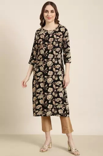 women's calf length round neck black floral straight kurta