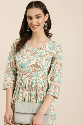 women's ankle length round neck cream floral anarkali kurta