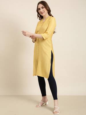 women's knee length mandarin collar mustard solid straight kurta 3