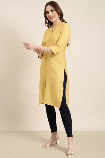 women's knee length mandarin collar mustard solid straight kurta