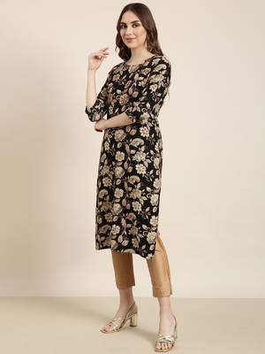 women's calf length round neck black floral straight kurta 3