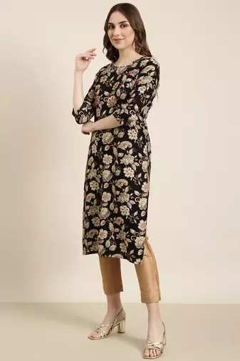 women's calf length round neck black floral straight kurta