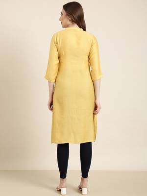 women's knee length mandarin collar mustard solid straight kurta 4
