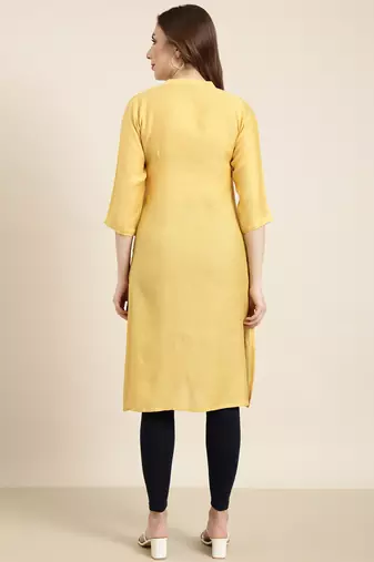 women's knee length mandarin collar mustard solid straight kurta