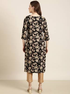 women's calf length round neck black floral straight kurta 4