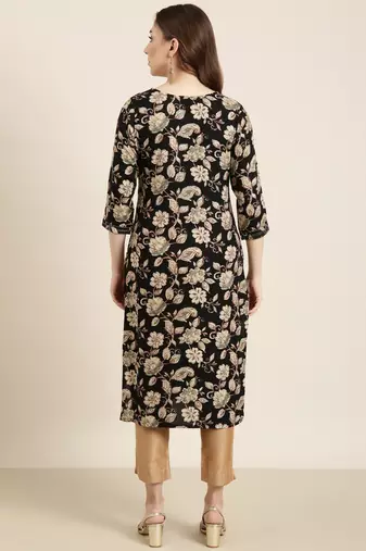 women's calf length round neck black floral straight kurta