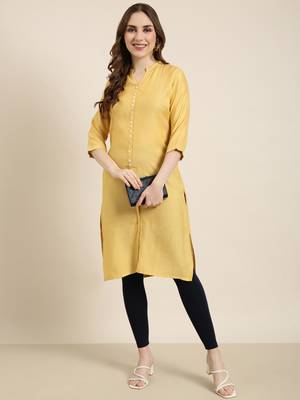 women's knee length mandarin collar mustard solid straight kurta 5