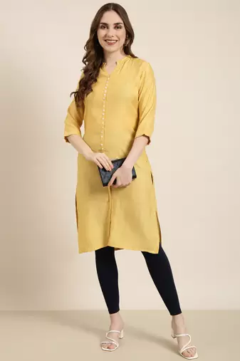 women's knee length mandarin collar mustard solid straight kurta
