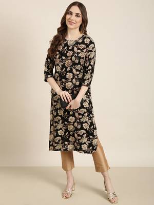 women's calf length round neck black floral straight kurta 5