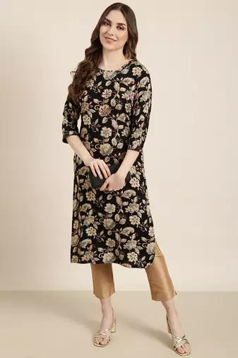 women's calf length round neck black floral straight kurta