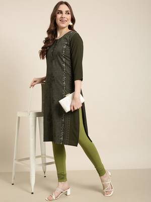 women's calf length round neck green floral straight kurta 1